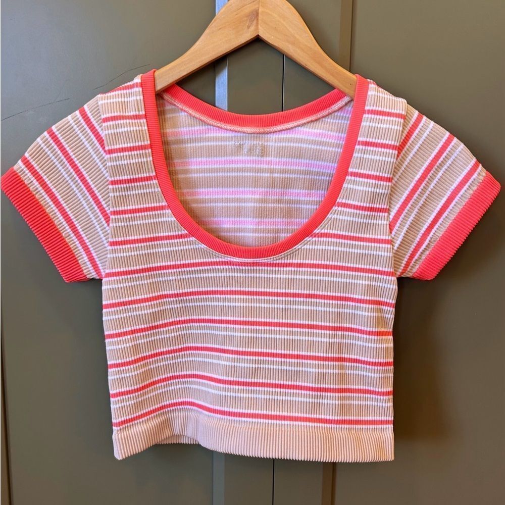 Aerie Bright Coral Striped Cropped Tee